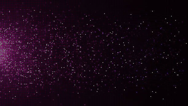 Abstract digital particle on black background. Futuristic led purple light for data network connection technology, nanotechnology, artificial intelligence, global communication, computer graphic, digital art, digital background concept.