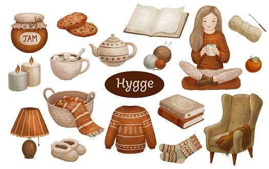 Watercolor cute cartoon illustrations cozy autumn or winter for stickers and cards. Hygge objects. Sweater, candles, armchair and girl with coffee. Hand drawn clip arts isolated on white background.