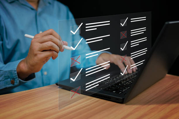 istock Compliance to regulations products, service and standards. Checklist Steps Quality Selection with Quality Assurance improvement, electronic smart checklist and document on virtual screens concept, 1853990918