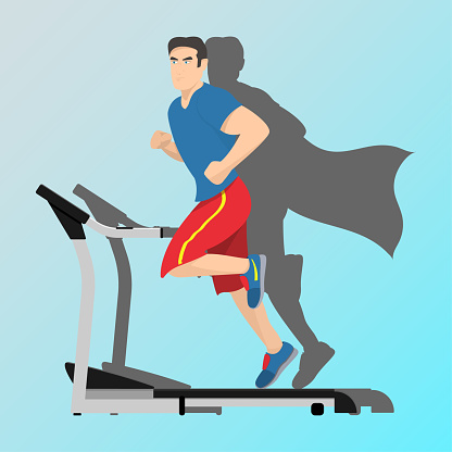 A man is running along the treadmill. Vector illustration.