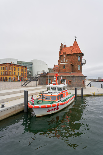 Stralsund, Germany – November 01, 2023: SAR rescue boat, Hertha Jeep at the pilot house on the promenade in Stralsund in Germany