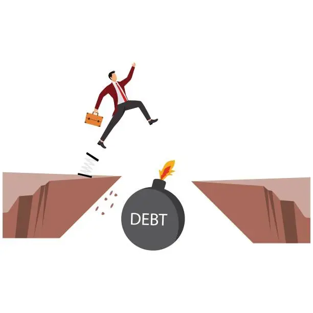 Vector illustration of Businessman jumping debt, High Up, Home Finances, Horizontal