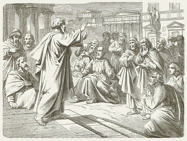 Paul in Athens (Acts 17, 22-23) "So Paul stood before the Areopagus and said, aMen of Athens, I see that you are very religious in all respects. For as I went around and observed closely your objects of worship, I even found an altar with this inscription: aETo an unknown god.aa Therefore what you worship without knowing it, this I proclaim to you. (Acts, Chapter 17, 22-23). Woodcut after a drawing by Julius Schnorr von Carolsfeld (German painter, 1794 - 1872) from my archive, published in 1877." Worshipper stock illustrations