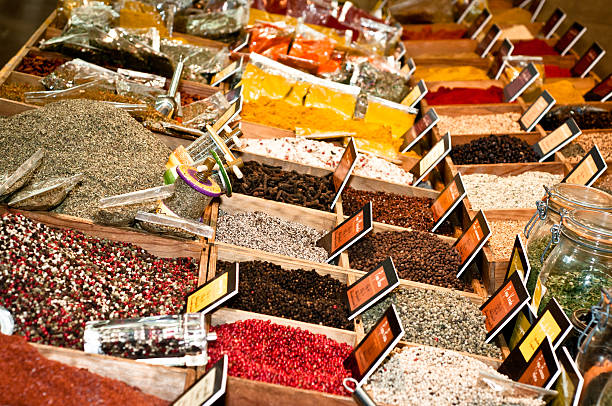 istock Racks of spices in a middle eastern spice market 185405090