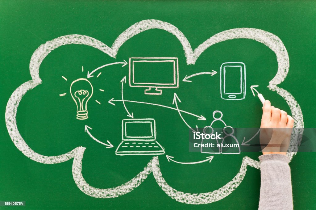 Computer networking illustrations inside a chalk cloud Cloud computing concept sketched on blackboard Arrow Symbol Stock Photo