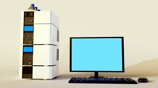 3D rendering of a High-Performance Liquid Chromatography (HPLC) machine with computer
