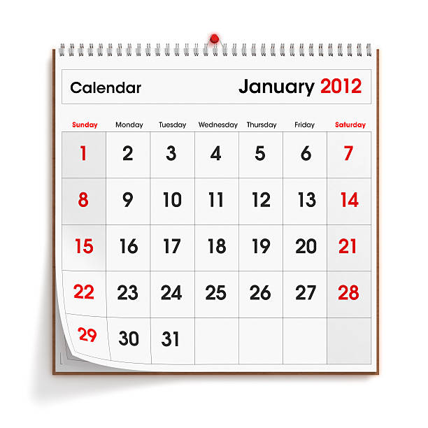 January 2012 Wall Calendar "A wall calendar, showing the month of January 2012, isolated on a white background.Check out the other images in this series here..." january 2012 calendar stock pictures, royalty-free photos & images