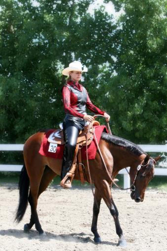 Woman participating in a horse dressage competition.
