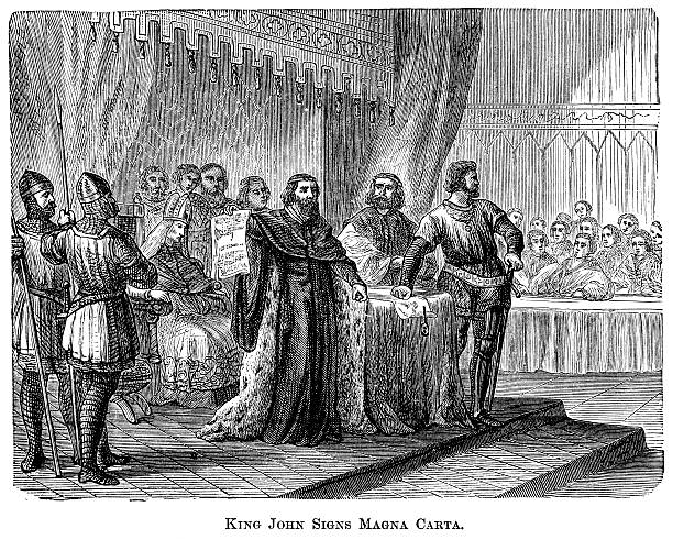 King John Signs The Magna Carta Engraving From 1882 Featuring King John Of England Signing The Magna Carta. us constitution stock illustrations