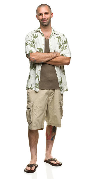 Cheerful Man in Hawaiian Shirt and Shorts Portrait of a man on a white background. http://s3.amazonaws.com/drbimages/m/mr.jpg shorts stock pictures, royalty-free photos & images