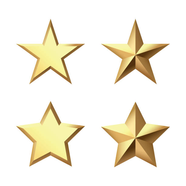 istock Set of Golden Christmas 3d Star metal glossy bright shine five angle star shape isolated on white Background collection. 1854082664