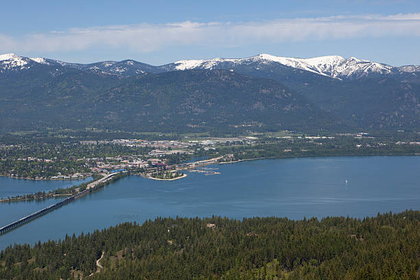 Sandpoint, Idaho with Lake Pend Oreille and Schweitzer stock photo