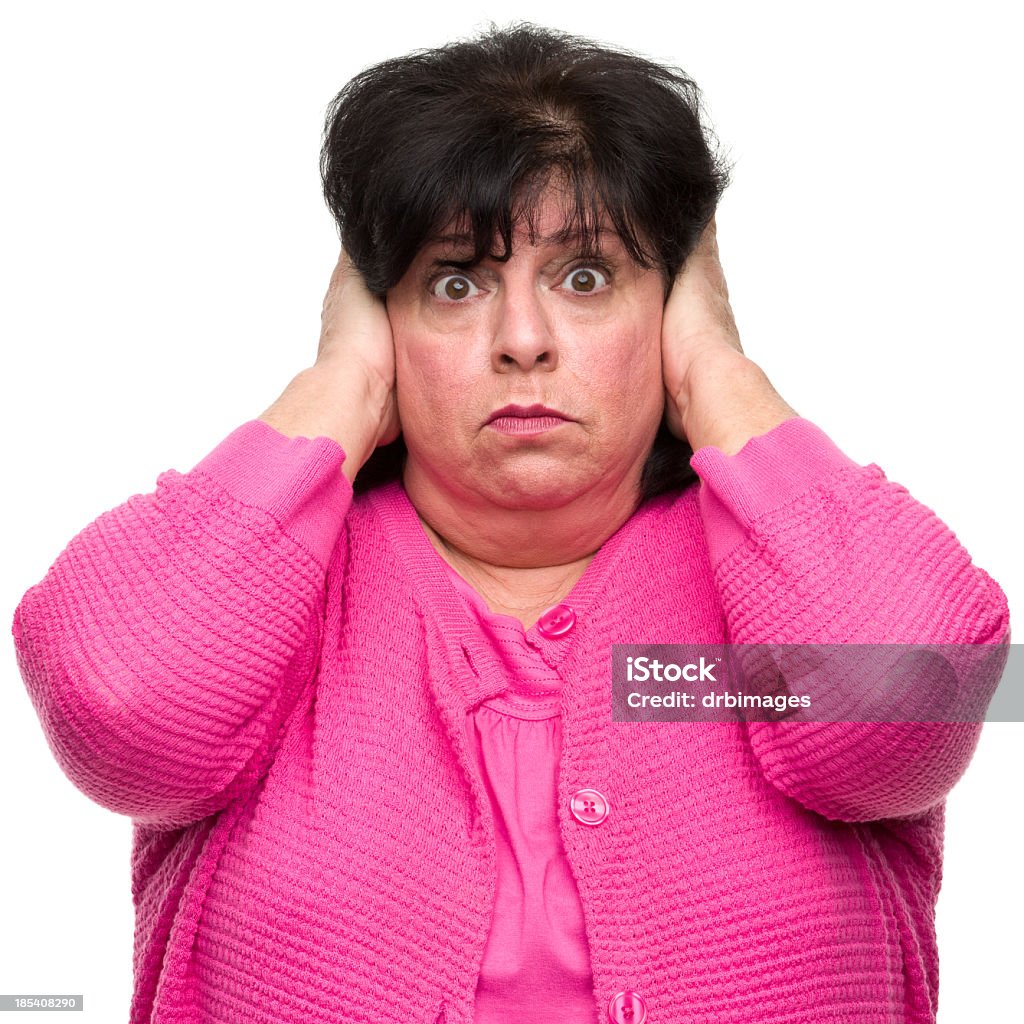 Woman Covering Ears Portrait of a woman on a white background. http://s3.amazonaws.com/drbimages/m/bb.jpg Hands Covering Ears Stock Photo