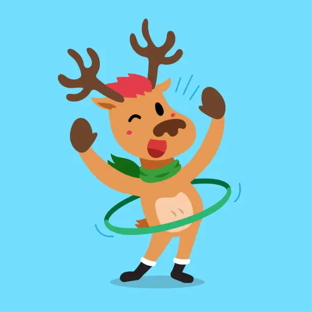Vector illustration of Cartoon character christmas reindeer exercising with hula hoop