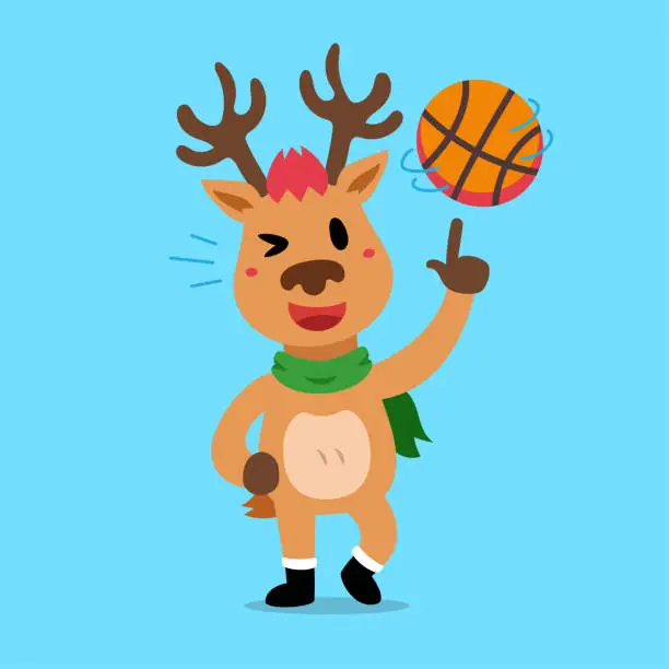 Vector illustration of Vector cartoon character christmas reindeer playing basketball