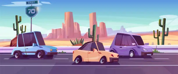 Vector illustration of Desert west road and car traffic cartoon landscape