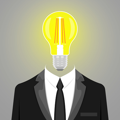 Businessman with light bulb man thinks of great idea. Good idea reach illustration vector