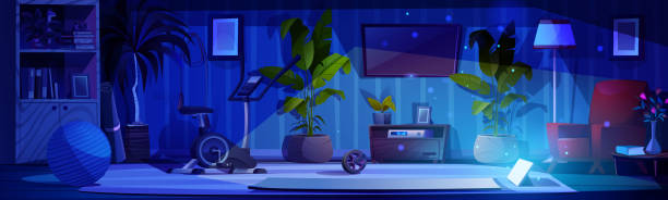 istock Home sport gym interior at night cartoon vector 1854141742