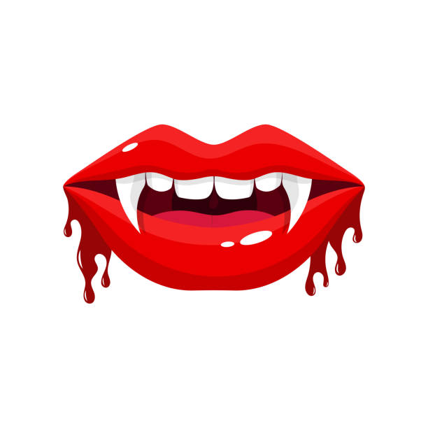 istock Mouth with a tongue licks teeth Vampire mouth open female red lips with long pointed canine teeth and blood illustration vector Bloody vampire lips 1854142259
