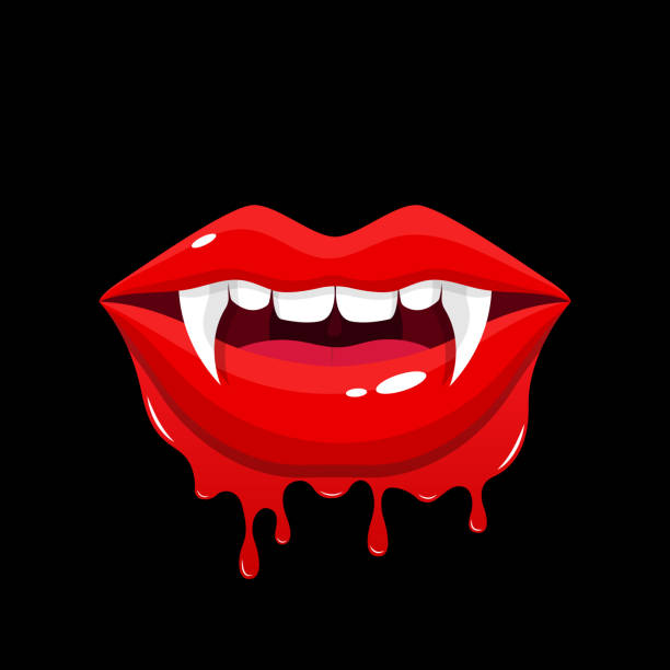 istock Mouth with a tongue licks teeth Vampire mouth open female red lips with long pointed canine teeth and blood illustration vector Bloody vampire lips 1854142264