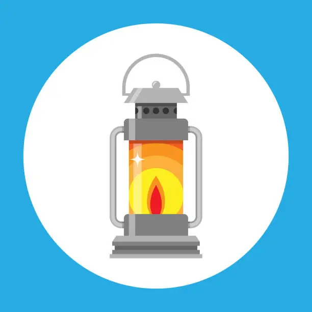 Vector illustration of Old Oil Lamp Old kerosene and oil vintage lantern with burning wick and holder. Camping illumination. Travelers lighting equipment. Vector illustration
