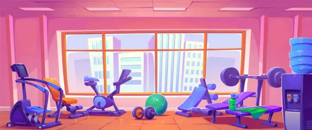 Vector illustration of Sport gym studio room for exercise with equipment