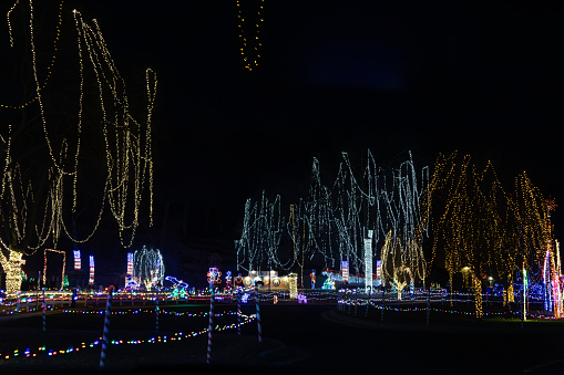 Mankato, Minnesota, USA - November 28, 2023: View of the evening Holiday Lights in Sibley Park in Mankato, featuring a variety of colorful displays.