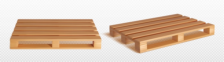 Wooden pallet for transportation and storage of goods - 3d realistic vector illustration set of tray with wood texture in different angles. Standard equipment for loading and delivery of parcels.
