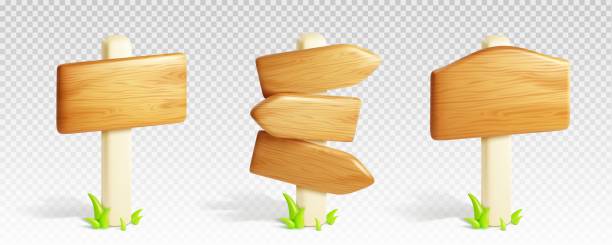 Wooden signboard 3d vector set Wooden signboard 3d vector set - various boards and arrows with wood texture. Realistic illustration of blank panels and banners. Text boxes or street direction billboard on pole with grass. cartoon of a pole fence designs stock illustrations