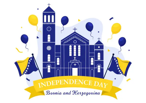 Vector illustration of Bosnia and Herzegovina Independence Day Vector Illustration on 1st of March with Waving Flag and Landmark Building in Memorial Holiday flat Background