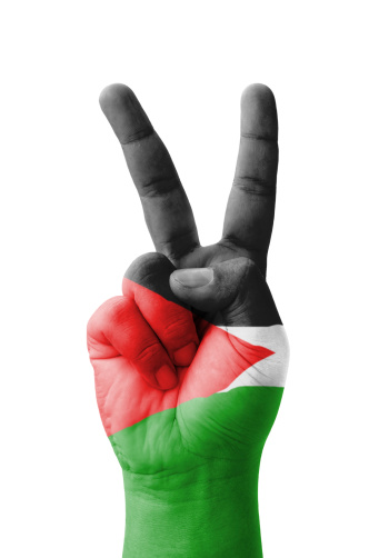 Hand making the V sign, Palestine flag painted as symbol of victory, win, success - isolated on white background