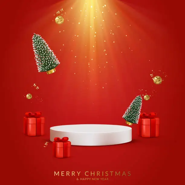 Vector illustration of Round white podium with christmas trees and gifts for product demonstration. Christmas and New Year greeting card.