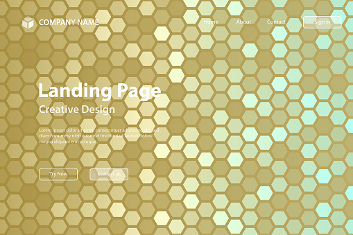 Landing page template for your website. Modern and trendy background. Abstract geometric design with a mosaic of hexagons and beautiful color gradient. This illustration can be used for your design, with space for your text (colors used: Blue, Beige, Brown, Yellow, Green). Vector Illustration (EPS file, well layered and grouped), wide format (3:2). Easy to edit, manipulate, resize or colorize. Vector and Jpeg file of different sizes.