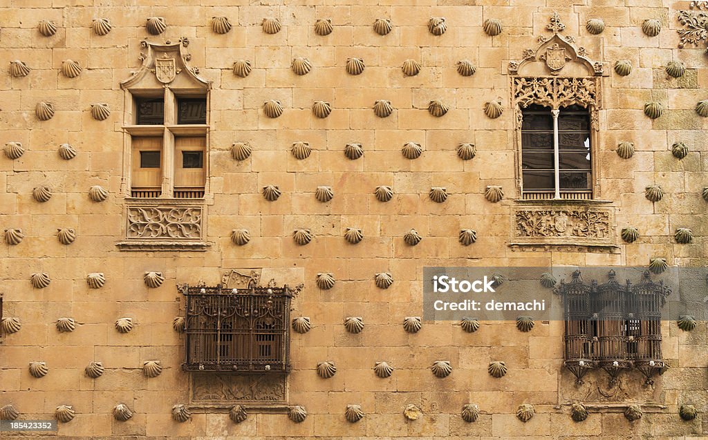 House of the Shells facade Detail of  the Casa de las Conchas facade, Home of Shells.  Historical building in Salamanca, Spain. Animal Shell Stock Photo