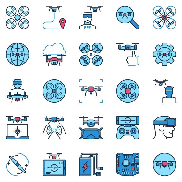 fpv-drohne farbiges icon-set. drohnen- und quadcopter-konzept-vektorschilder - turn signal stock-grafiken, -clipart, -cartoons und -symbole