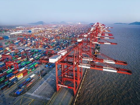 Aerial view of Yangshan harbor, Shanghai, China\n worldwide logistic and transportation