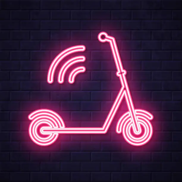 Vector illustration of Connected scooter. Glowing neon icon on brick wall background