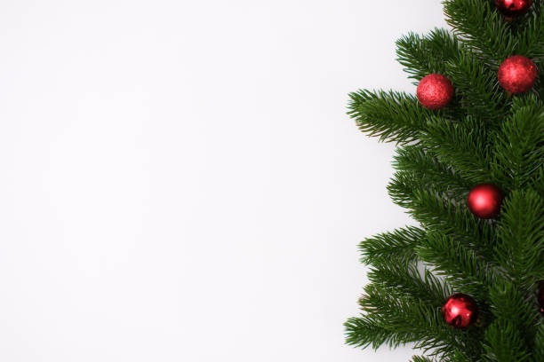 istock Fir branches with red christmas balls on white background. Top view. 1854245453