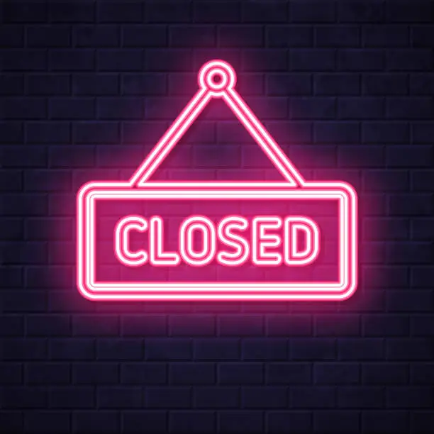 Vector illustration of Closed sign. Glowing neon icon on brick wall background