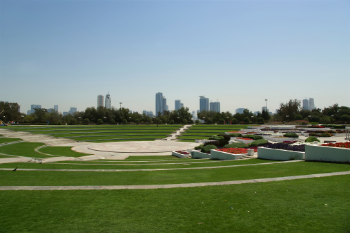 View of beautiful park in Dubai, UAE. Al Mamzar Beach and Park.