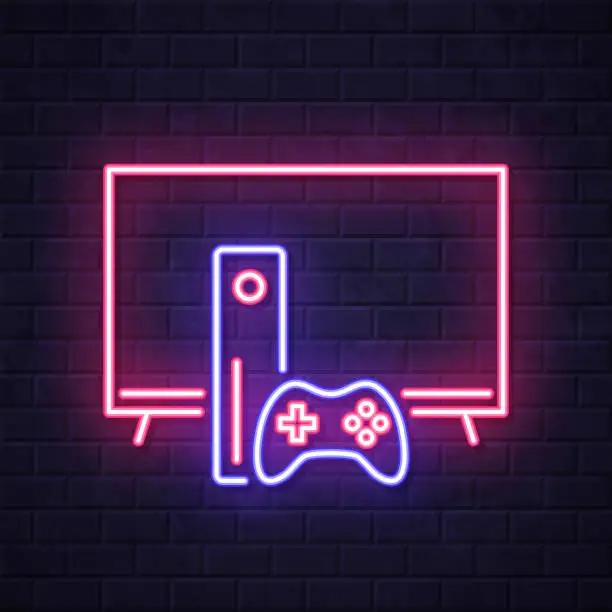 Vector illustration of TV with game console. Glowing neon icon on brick wall background