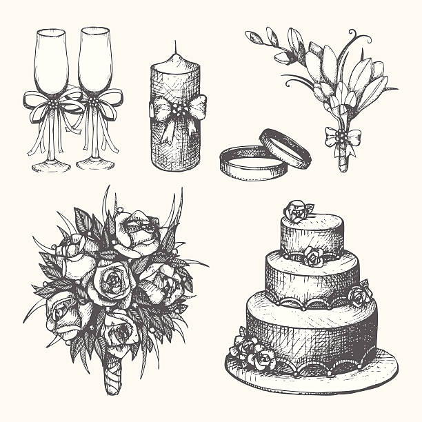wektor zestaw elementów ręcznie rysowane ślub - tort weselny stock illustrations
