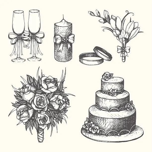 Vector illustration of Vector set of hand drawn wedding elements