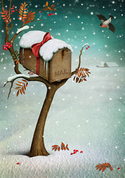 mailbox w zimie lasu. - christmas christmas tree snow illustration and painting stock illustrations