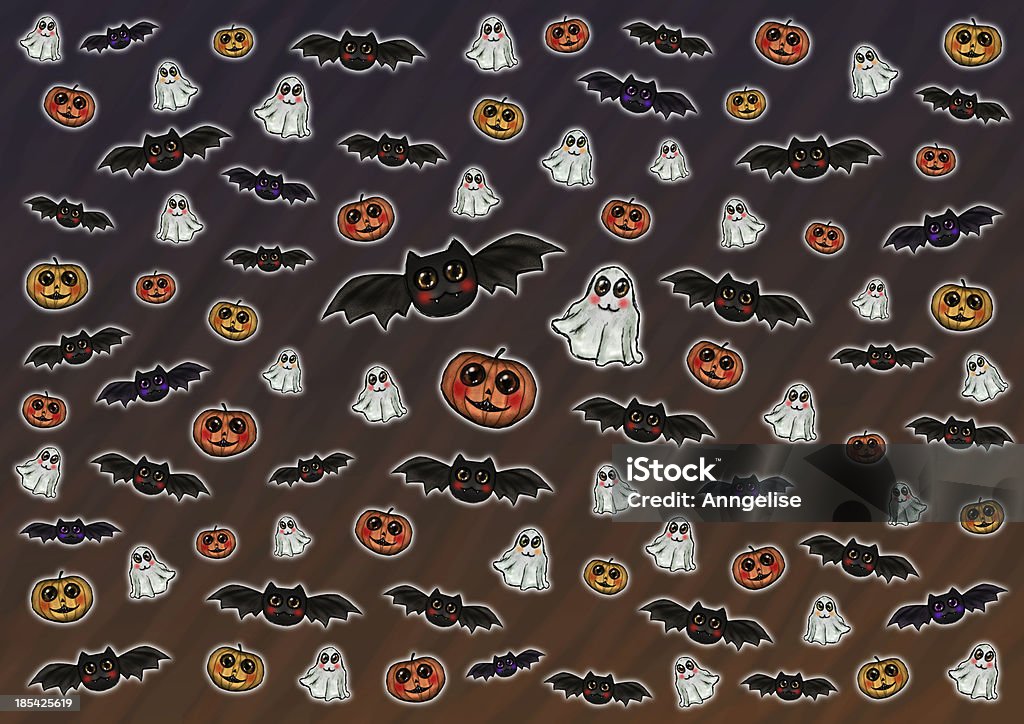 Halloween themed Background Composition of a series of digital drawings depicting pumpkins, ghost and bats in a cute childish manner. Great stock for stickers or backgrounds! Bat - Animal Stock Photo