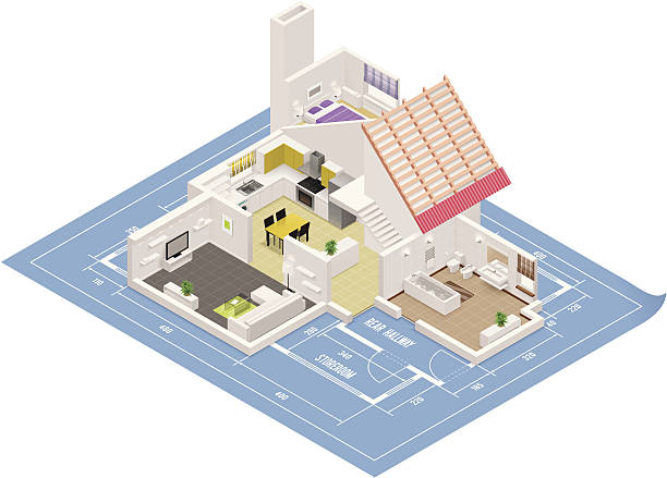 제품의 등각투영 하우스 절단면 아이콘크기 - cross section house built structure apartment stock illustrations