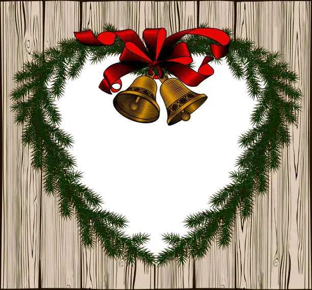 Vector illustration of Green Spruce branch wreath with gold bells and red ribbon.