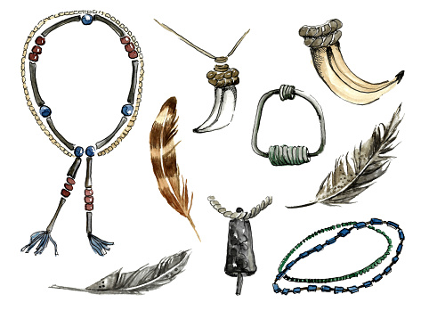 Decorations of wild tribes. Irregular metal earrings, wood and bone necklaces, individual feathers and fangs, and a pendant. Hand drawn watercolor illustration on white background for your design