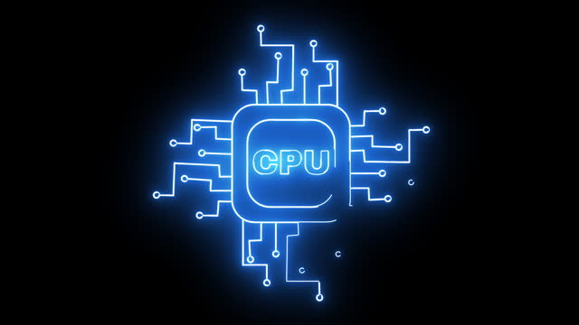 Animation of a computer component CPU icon with a glowing neon effect