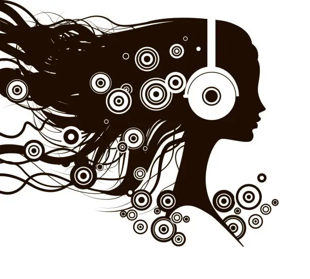 Vector illustration of Black girl in profile listens to beautiful music with headphones on white background.